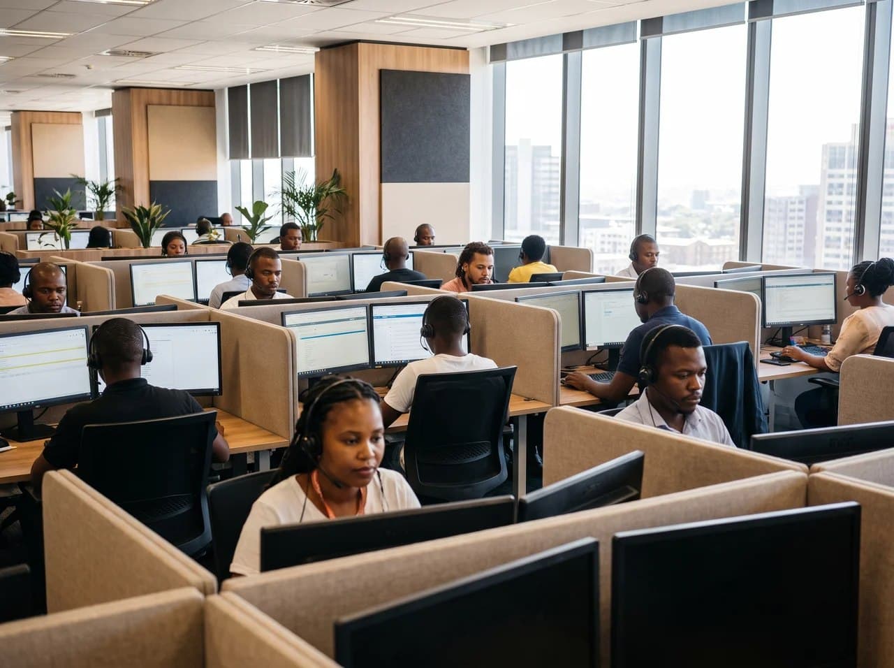A busy contact centre with agents in headsets working at their desks